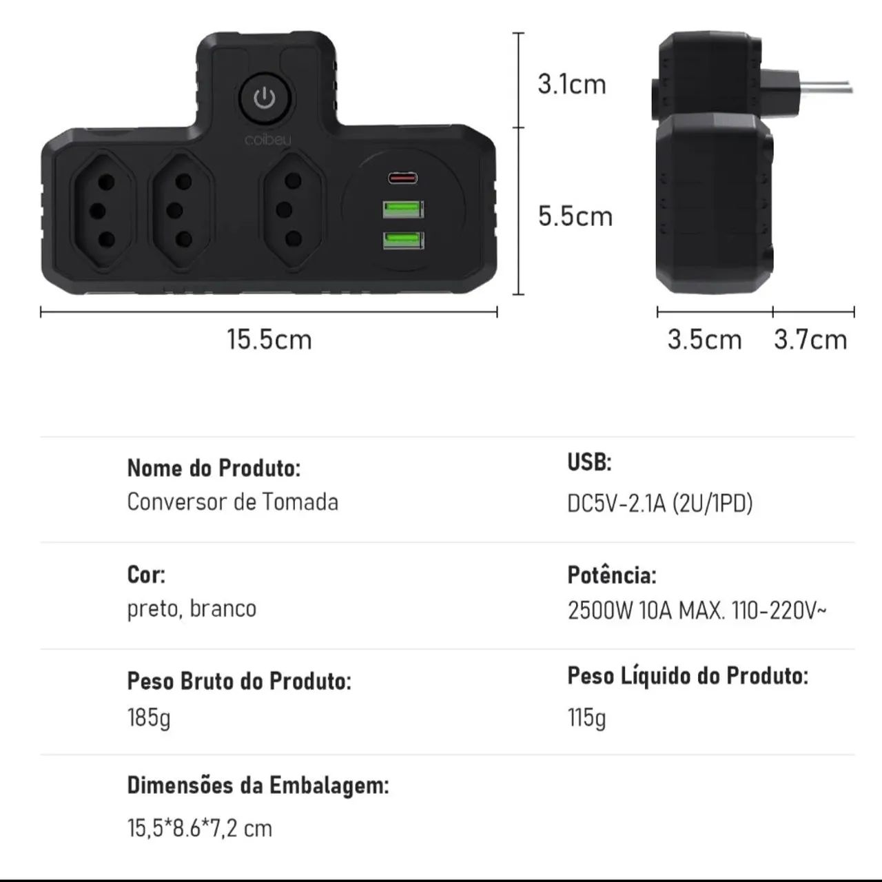 Extensão Coibiu Bivolt 3 Tomadas com USB - Foto 5