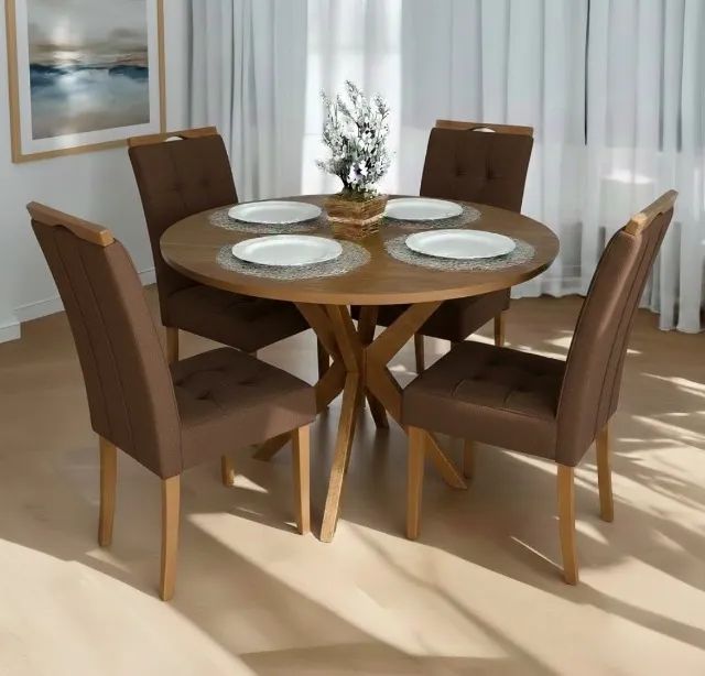 Harmonia Round Dining Table 108 cm, Cinamomo Finish, with 4 Brown Velvet Chairs