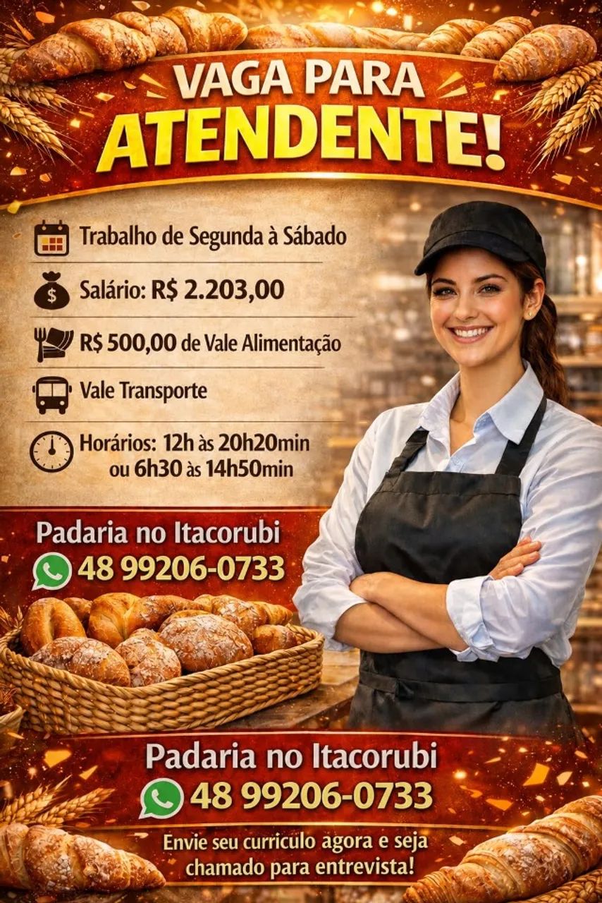 Vaga de atendente e balconista de padaria