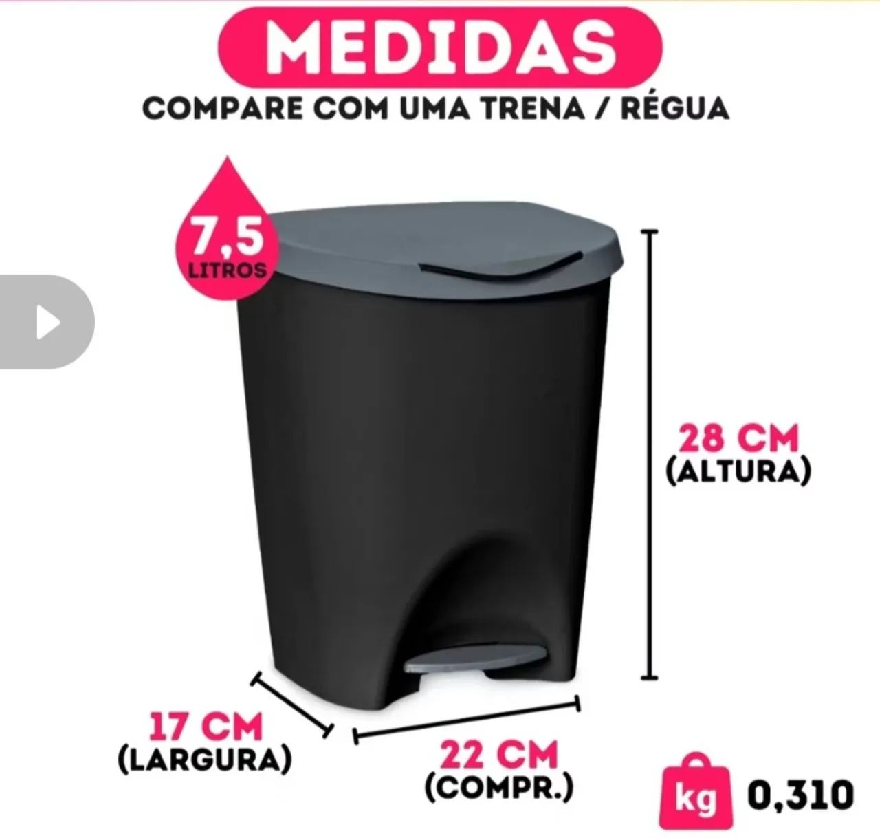Lixeira preta 7,5 litros com pedal - Foto 2