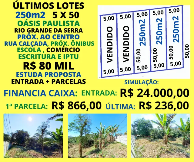 Últimos Lotes 250m2 5 X 50 próx ao Centro Rio Gde da Serra Financia Caixa Estuda Proposta