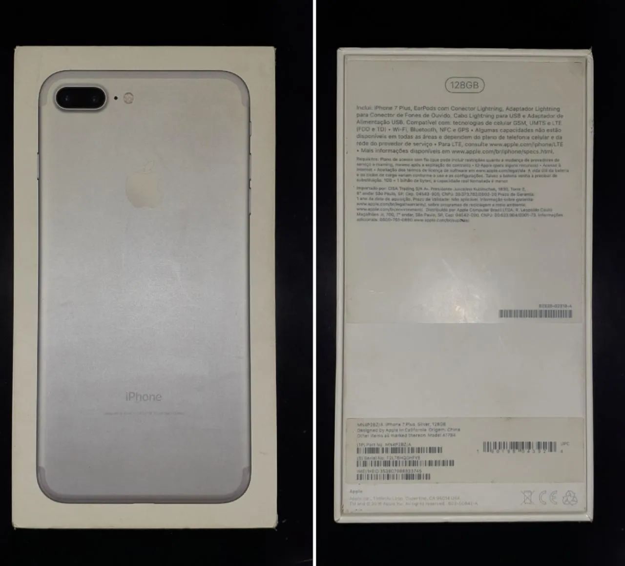 Caixa iPhone 7 PLUS SILVER 128gb A1784 + Fone Ouvido + Carregad novo + chav chip + adesivo