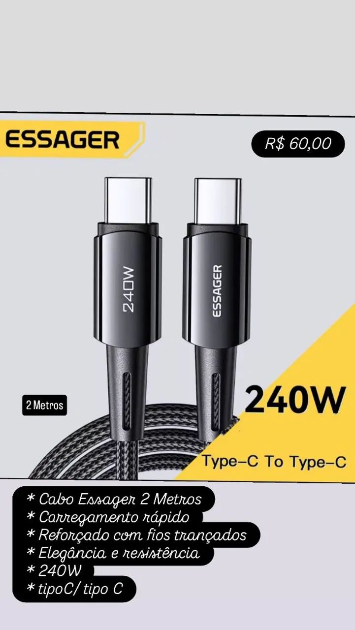 Cabo USB-C 240W Essager 2 Metros - Tipo C para Tipo C