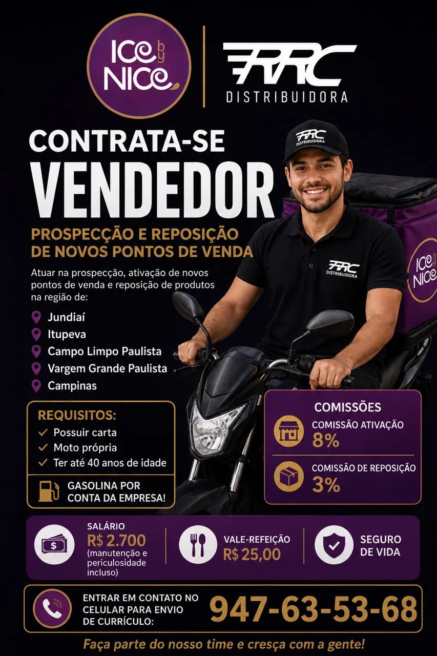 VENDEDOR COM MOTO PRÓPRIA PARA PROSPECÇÃO 