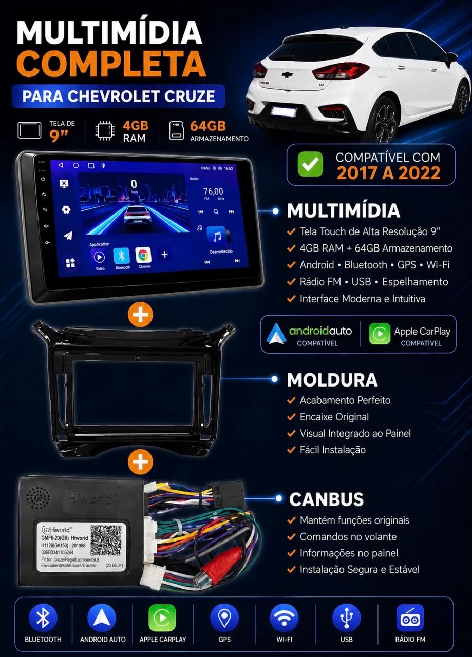Kit Multimídia Cruze + Moldura + CANbus