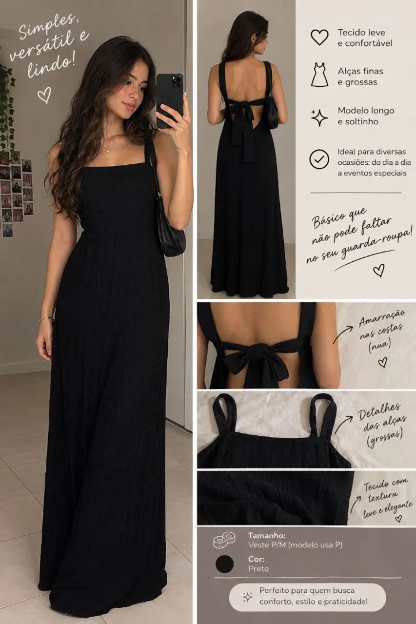 Vestido Longo Preto com Amarração nas Costas 