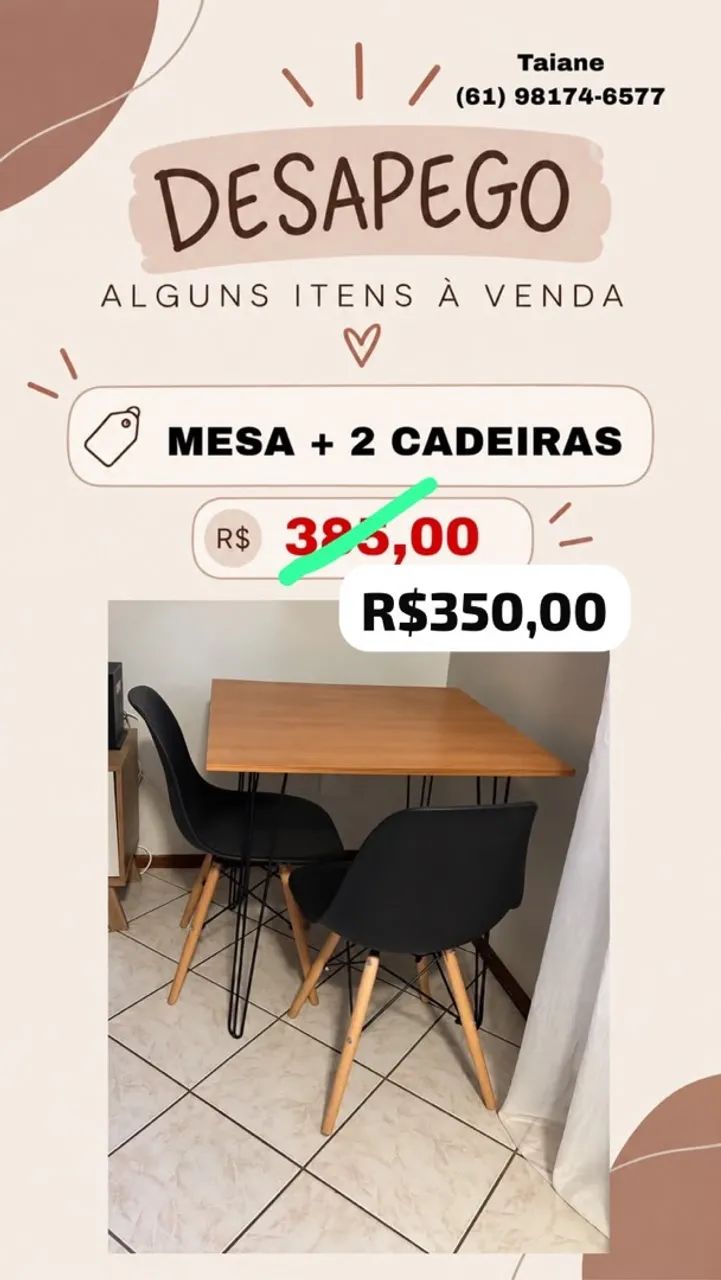 Mesa madeira + 2 cadeiras