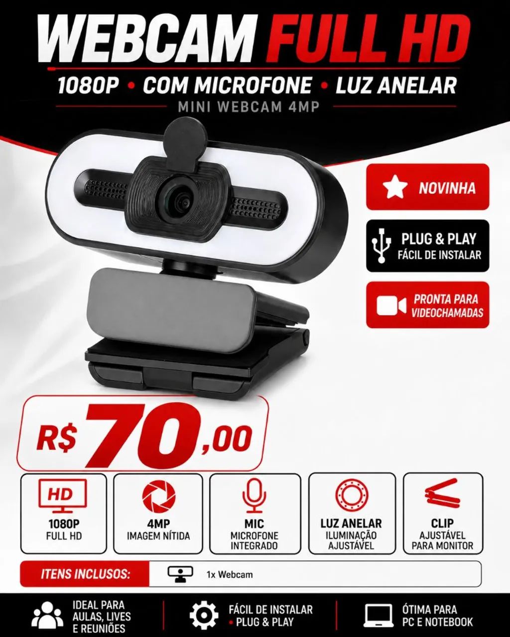 Webcam Full HD 1080p 4MP com Microfone e Luz Anelar 