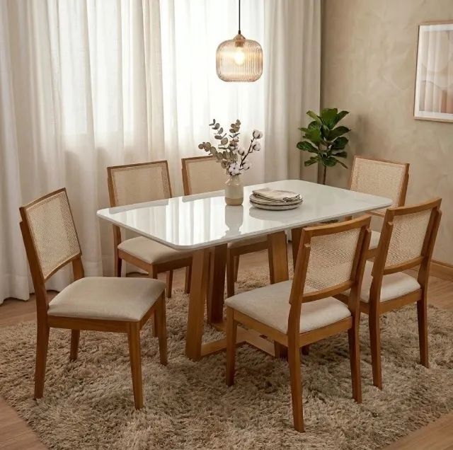 Conjunto Turim 6 Lugares com Vidro Off White