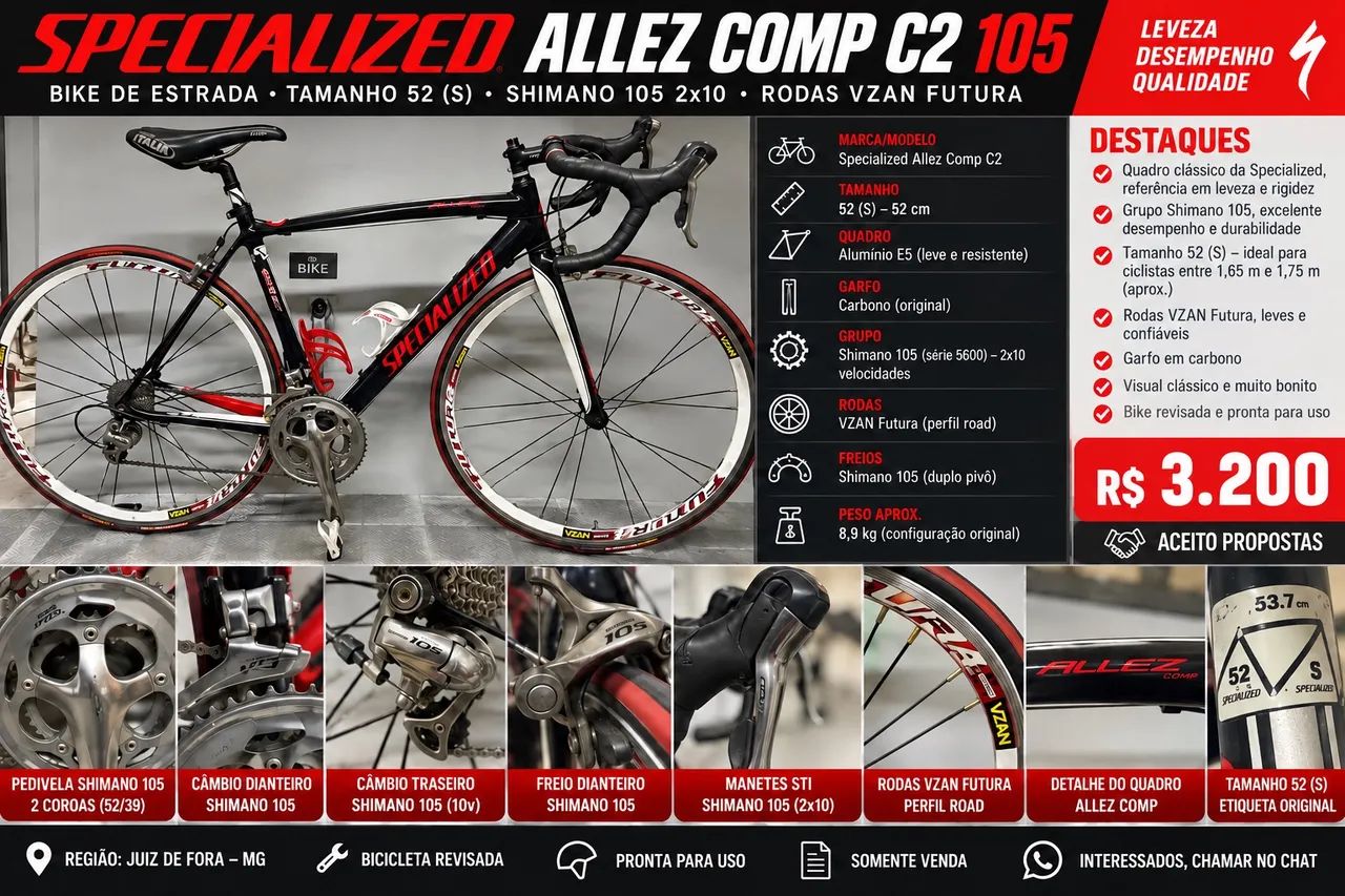 SPECIALIZED ALLEZ COMP C2 105 ? TAMANHO 52/S - Foto 5