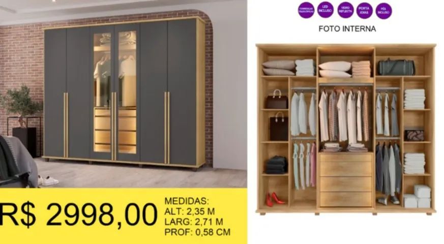 MARAVILHOSO ROUPEIRO 100% MDF COM LED 