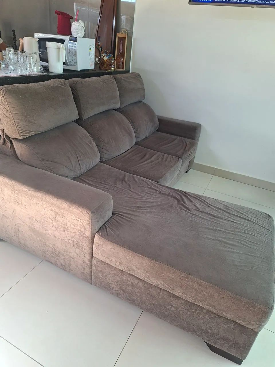 Sofá retrátil e inclinável (com chaise, cor capuccino, tecido suede)
