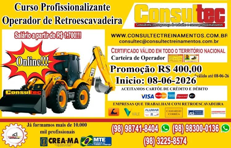 Curso de operador de Retroescavadeira - Inicio 08-06-2026