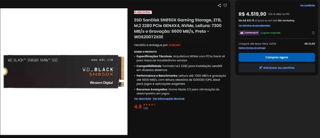 NVME 2tb SSD WD Black SN850x para PC note e PS5 - Foto 2