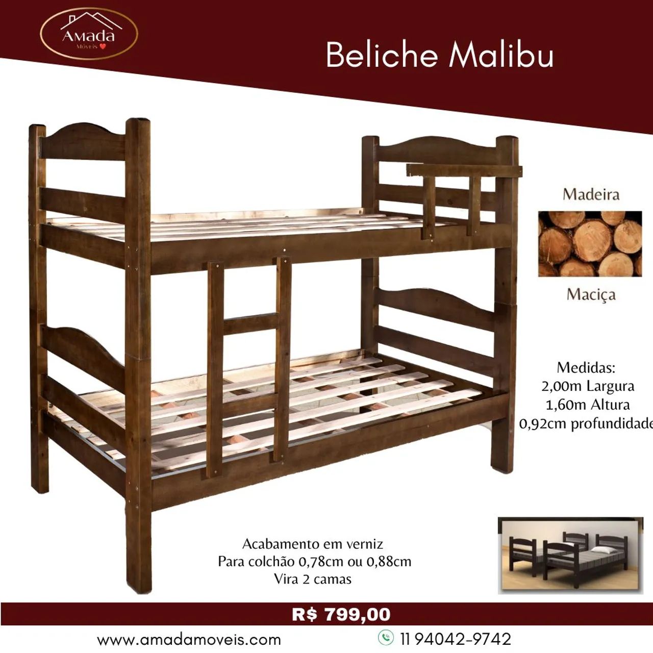 Beliche Malibu madeira maciça com 2 colchões - Foto 4