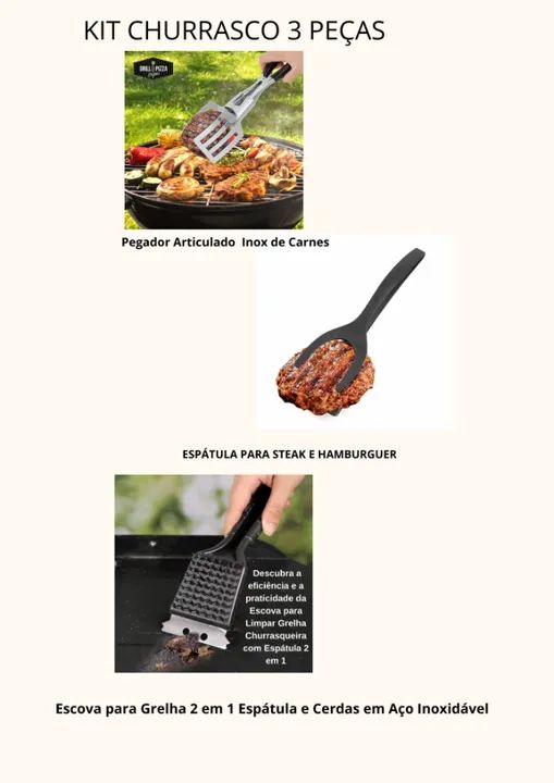 Kit Churrasco  3 peças  Pegador articulado, Espatula para steak,Escova para grelha 2x1