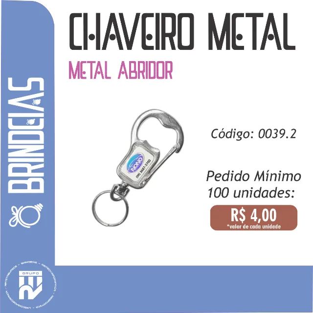 Chaveiro Metal Abridor personalizado 100 unidades