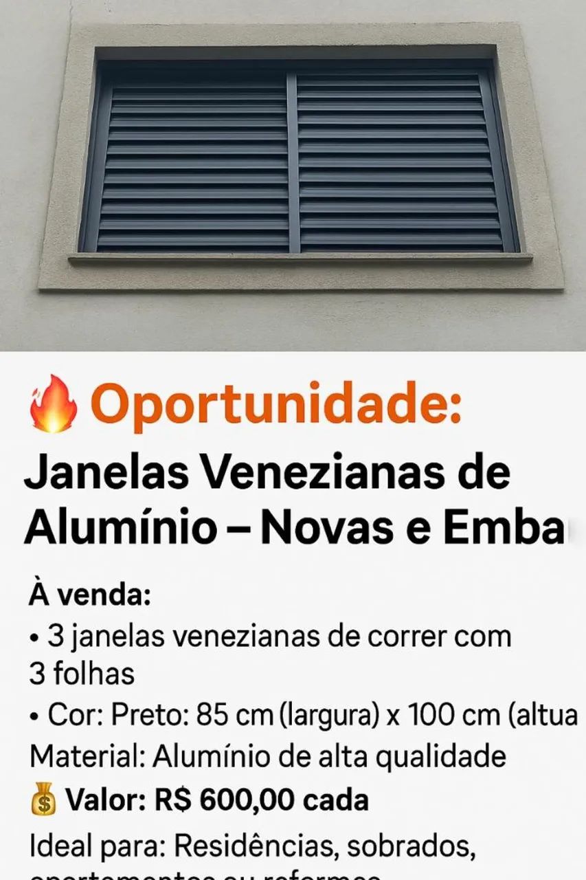 Janelas Venezianas de Alumínio Novas (Preto) - 85cm x 100cm