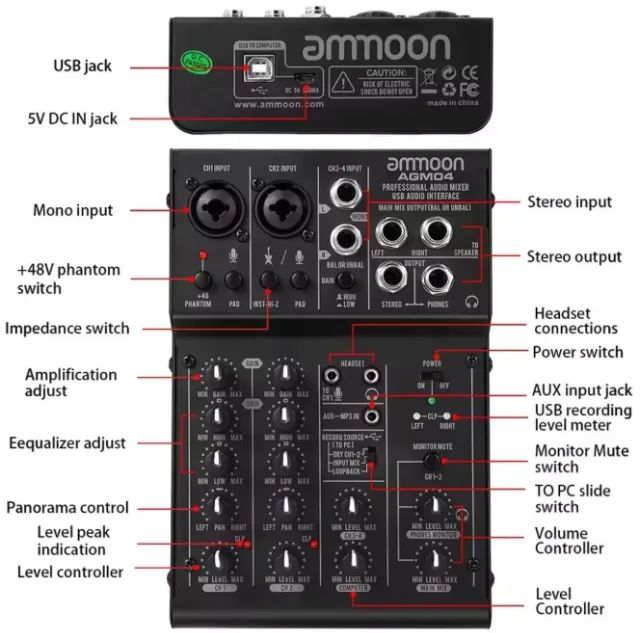 Aammoon AGM04 4-Channel Audio Interface, Digital Audio Mixer64318195808003121
