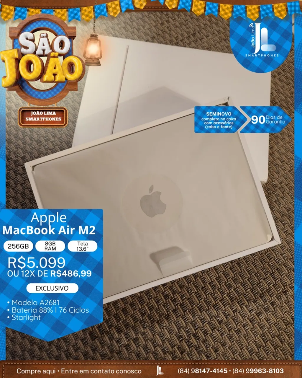 MACBOOK AIR M2, 256GB, 8GB RAM, TELA 13.6?, STARLIGHT, SEMINOVO, EXCLUSIVO!