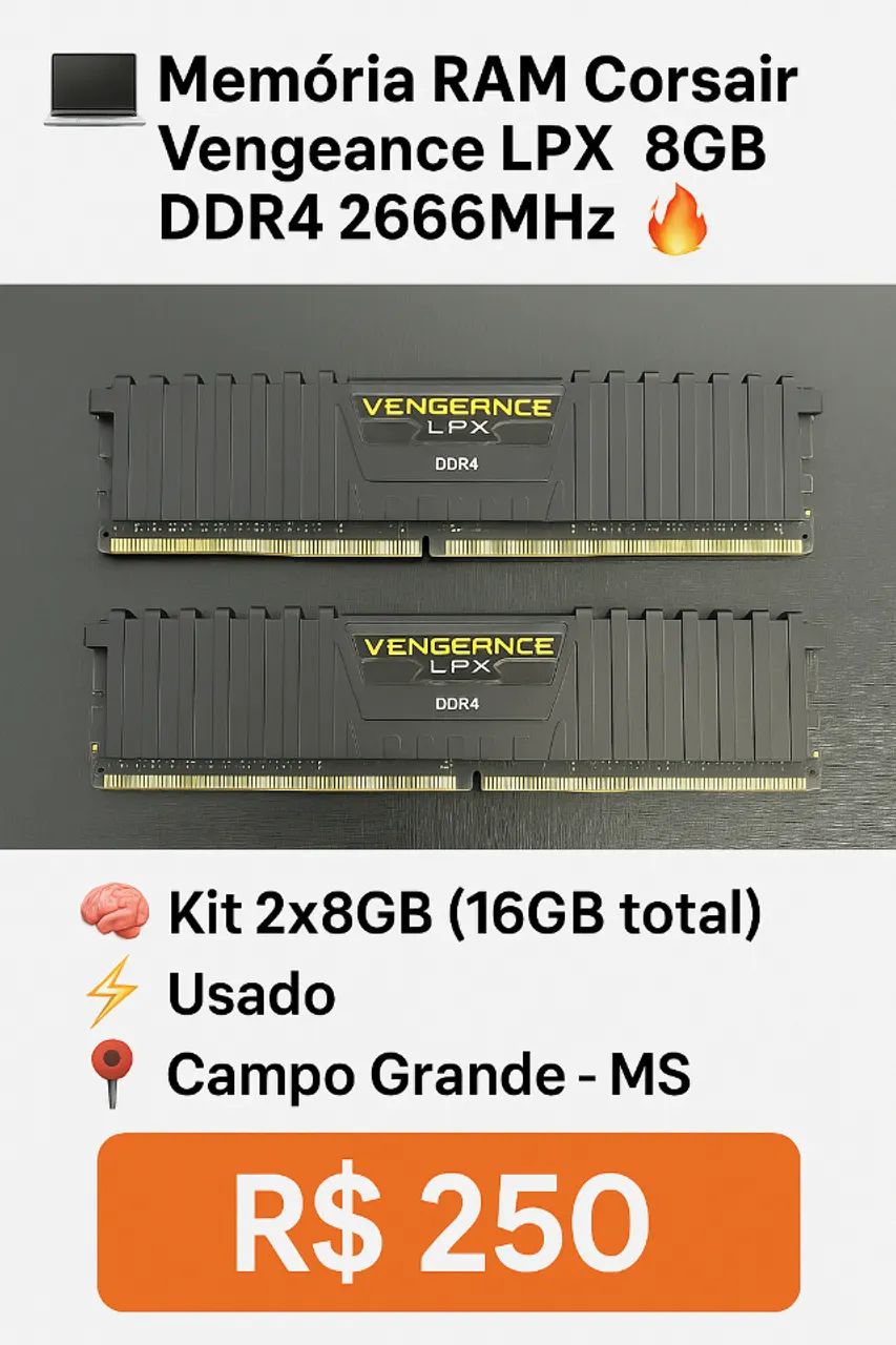 ? Memória RAM Corsair Vengeance LPX 8GB DDR4 2666MHz - Kit 2x8GB (16GB total) ?