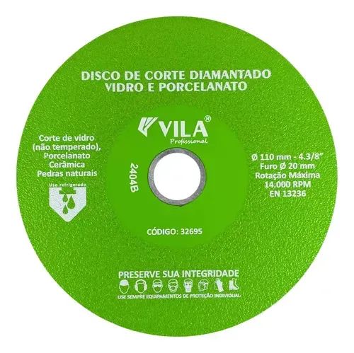 Disco Diamantado Para Vidro Porcelanato Cerâmica 110mm Furo 20mm Vila