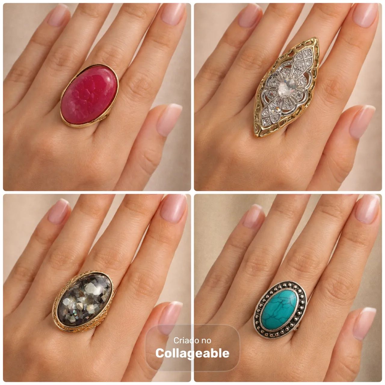 Kit anéis pedra naturais prata e banho Ouro.