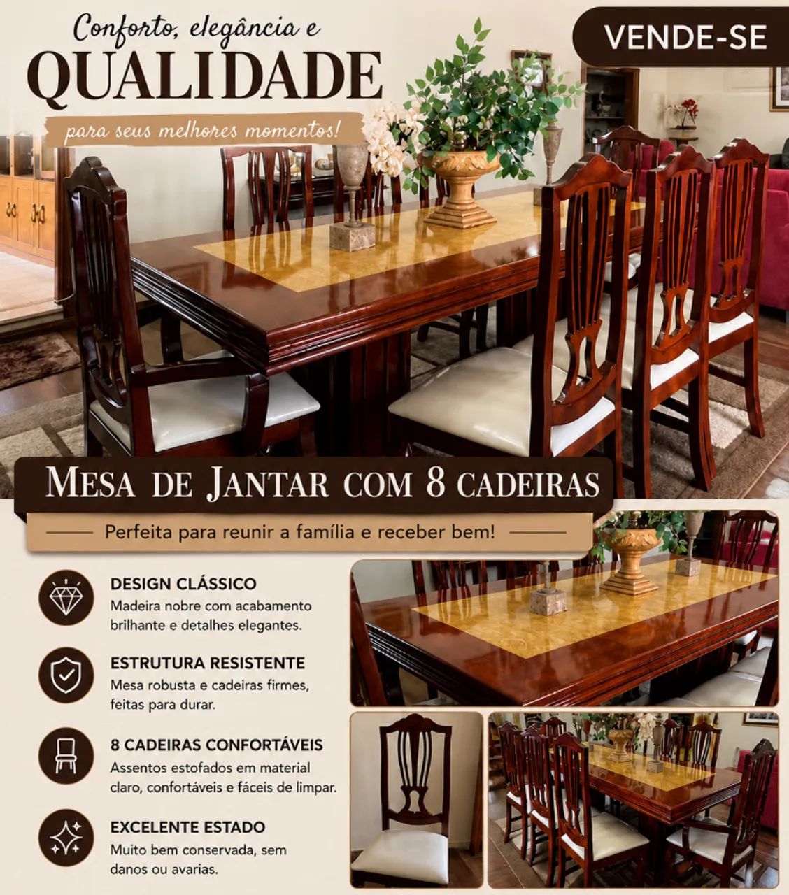 Conjunto de mesa clássica com 8 cadeiras  - Foto 2