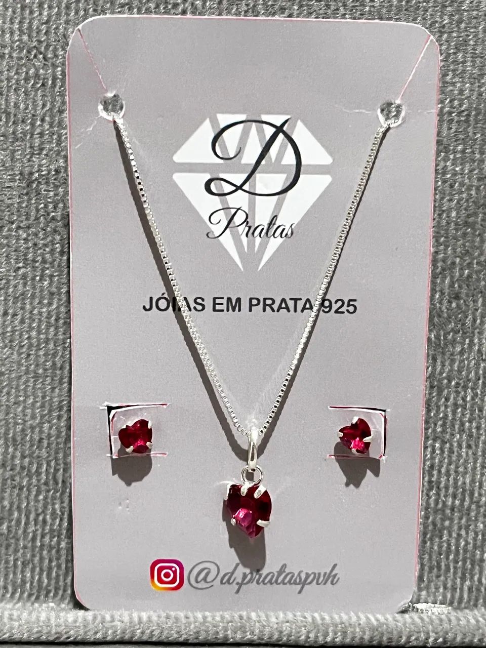 Conjunto colar e brinco coração vermelho, em Prata 925 - Foto 5