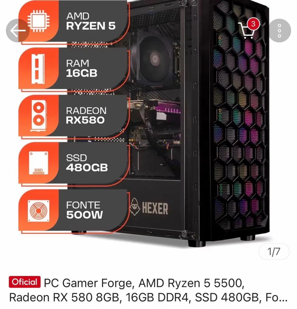 PC e Monitor Gamer - Ryzen 5 5500 e RX 580 8gb - Foto 4