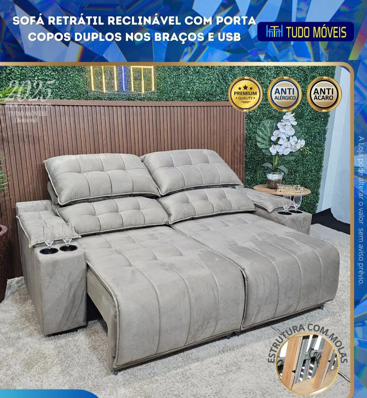 SOFA RETRÁTIL E RECLINÁVEL COM PORTA-COPOS E ENTRADA USB INTEGRADO - Foto 2