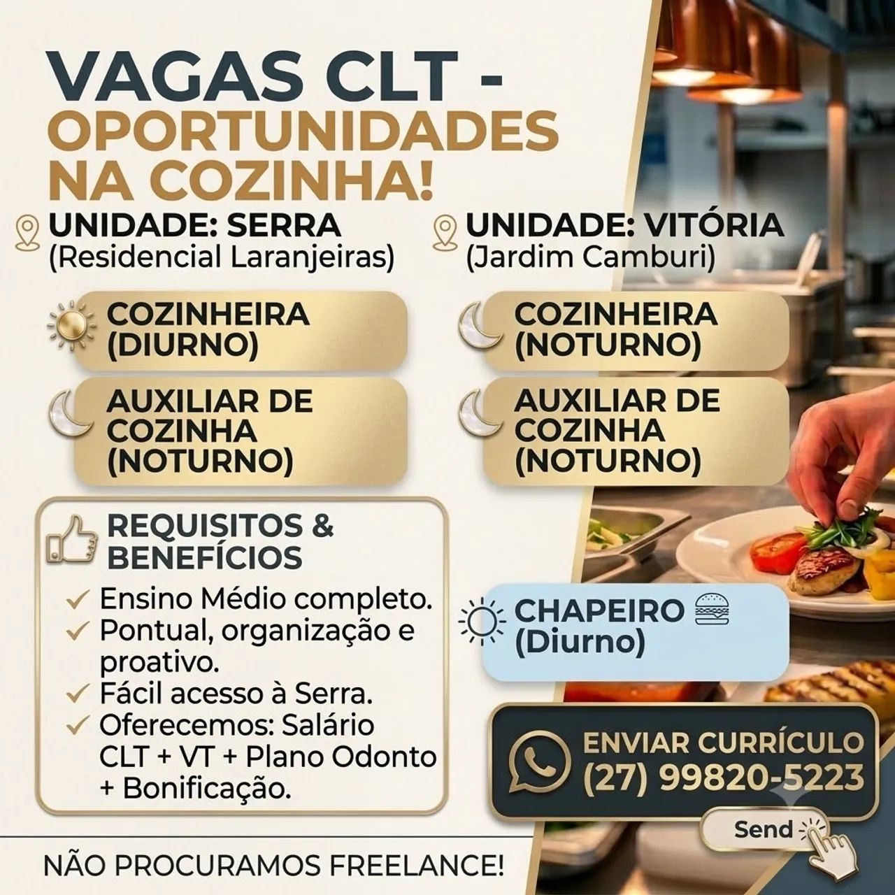VAGAS CLT PARA COZINHA - SERRA E VITÓRIA!