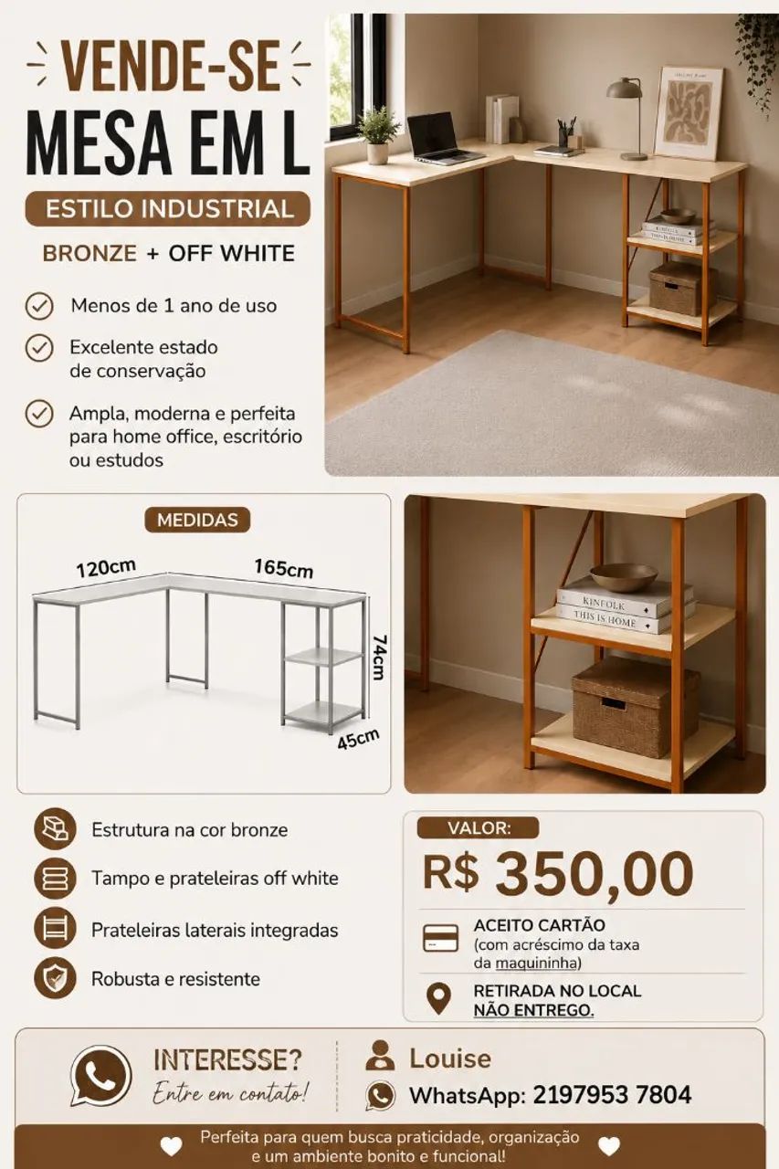 Mesa em L - Estilo industrial (bronze + off white)