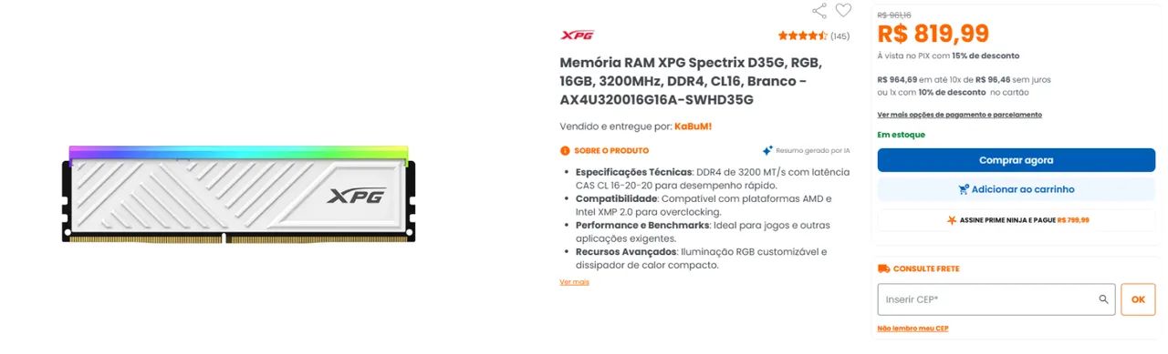 MEMORIA RAM 16 GB XPG RGB DDR4 3600 - Foto 2