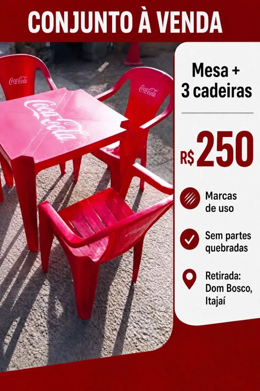 Mesa com 3 Cadeiras Plásticas - Coca-cola