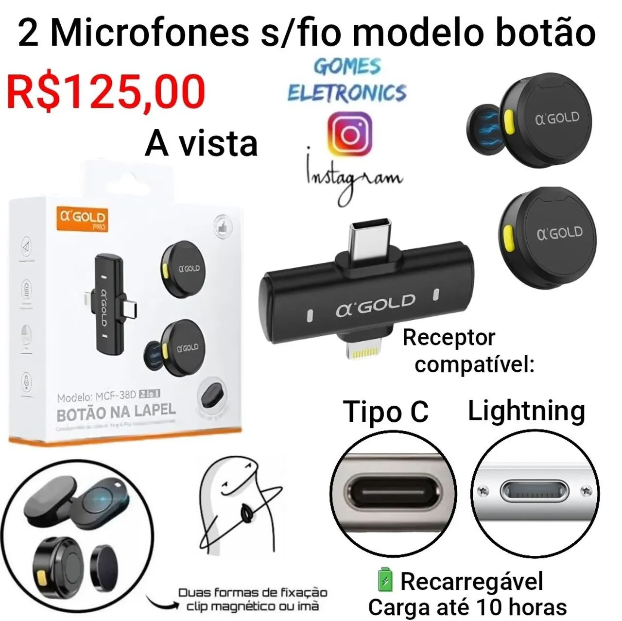 2 Microfone de lapela sem fio conexão Tipo C - Iphone e Android 