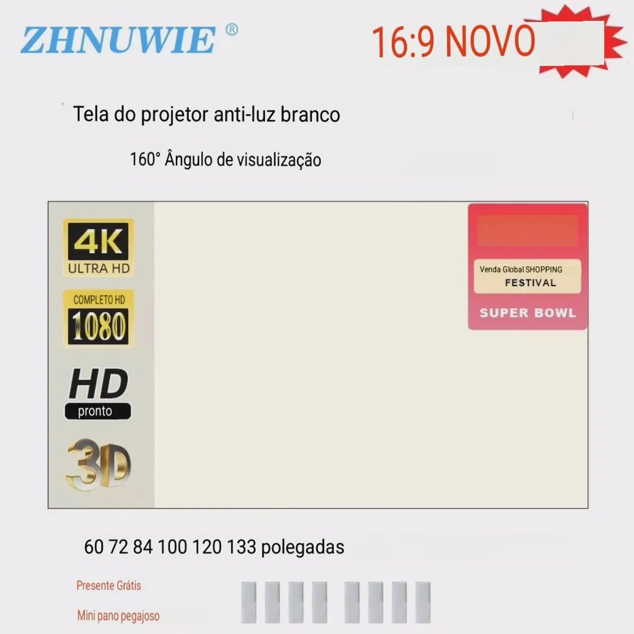 Telas Polegadas Tela De Projeção 100 Polegadas e Ângulo de 160 Graus - Projetores e ...