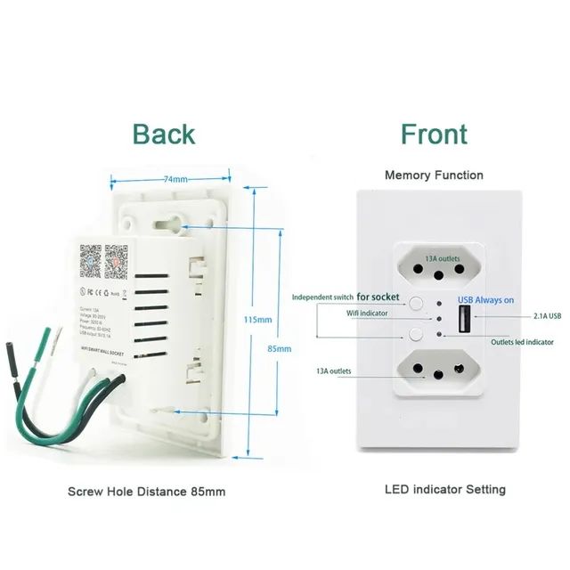 Tomada Dupla Wifi Tuya Inteligente, Compatível com Alexa 