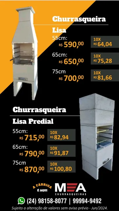 Churrasqueiras Pré Moldadas M&A - Lisa ou predial À partir de R$ 590,00
