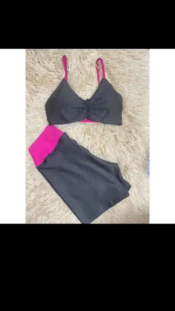 Conjunto Fitness Top e Short - Cinza e Rosa