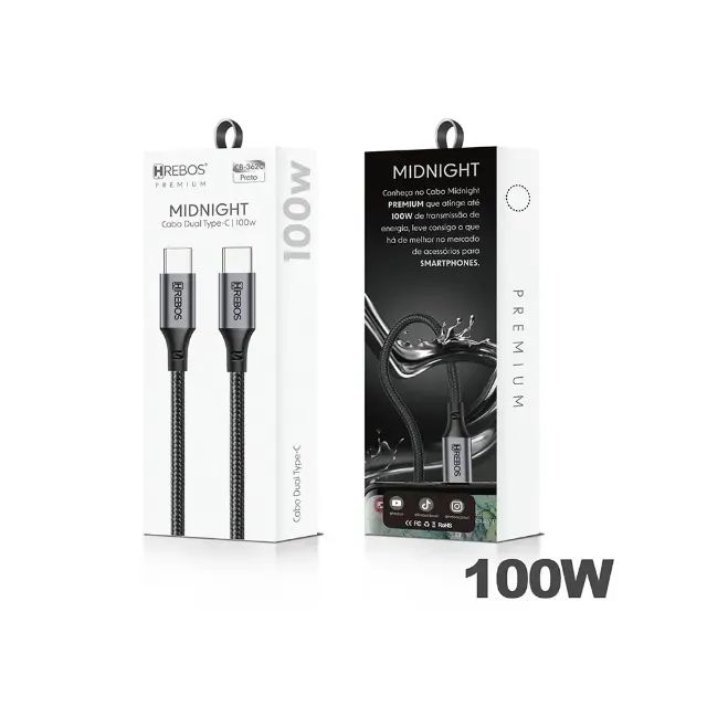 Cabo Auxiliar Hrebos USB-C para USB-C, 100W, 1metro, tecido trançado, Midnight