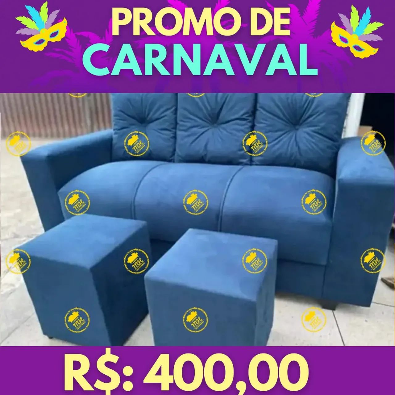Sofá 3 Lugares Azul - Promoção de Carnaval