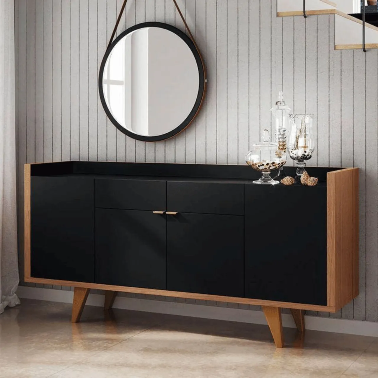 Aparador Buffet 4 Portas 2 Gavetas Hb Melodia Preto/Nature<br><br>