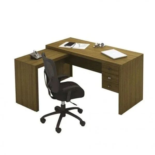 Mesa para escritório em L com 3 gavetas 