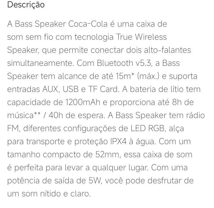 Caixa de Som Portátil Coca-Cola Bass Speaker 5W com Blue - Foto 4