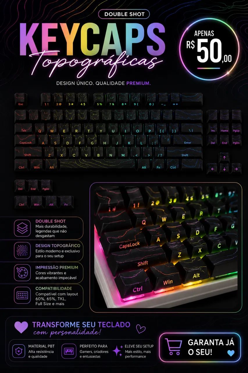 Keykaps topográficas NOVAS /side-print PBT DOUBLE SHOT