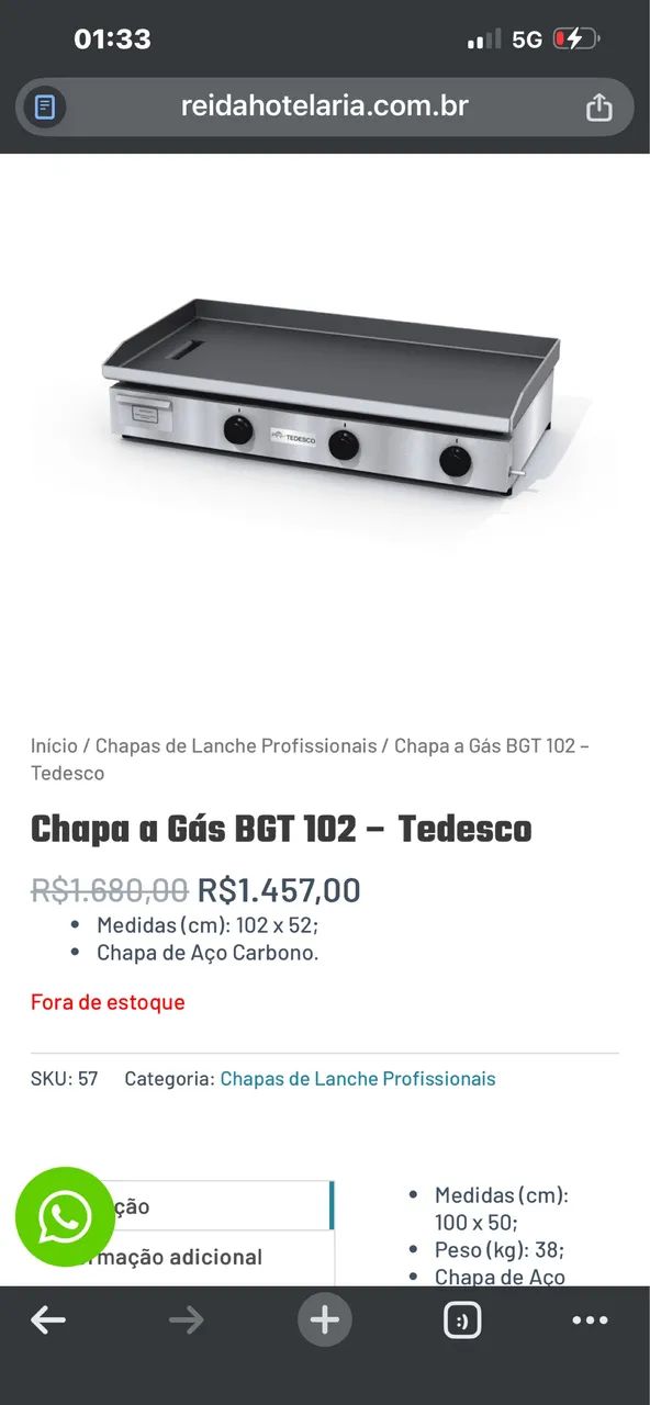 Chapa a gás Tedesco em aço 1 metro por 50 cm - Foto 3