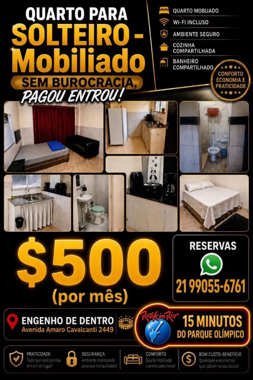 Quarto para solteiro mobiliado em engenho de dentro