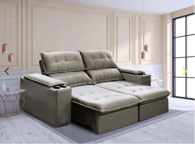 Sofá Verona Smart Retrátil e Reclinável 2,08m - Veludo Bege com Porta-Copos - Foto 2