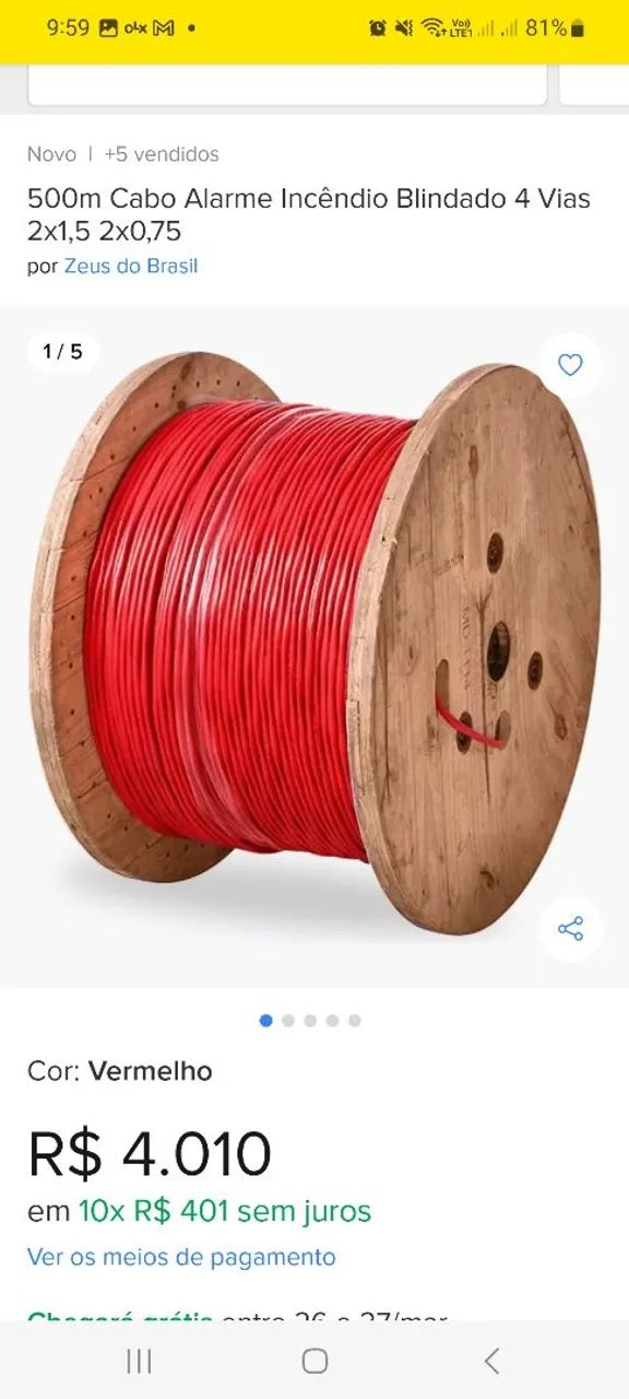 Bobina cabo alarme incêndio blindado 4 vias 2x1,5. 2x0,75